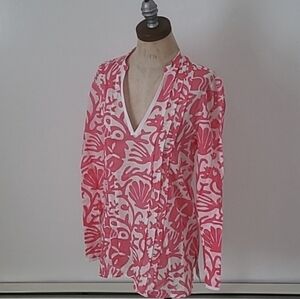 Vineyard Vines S Pink White Tropical Beach Cotton Lightweight Sheer Top Tunic